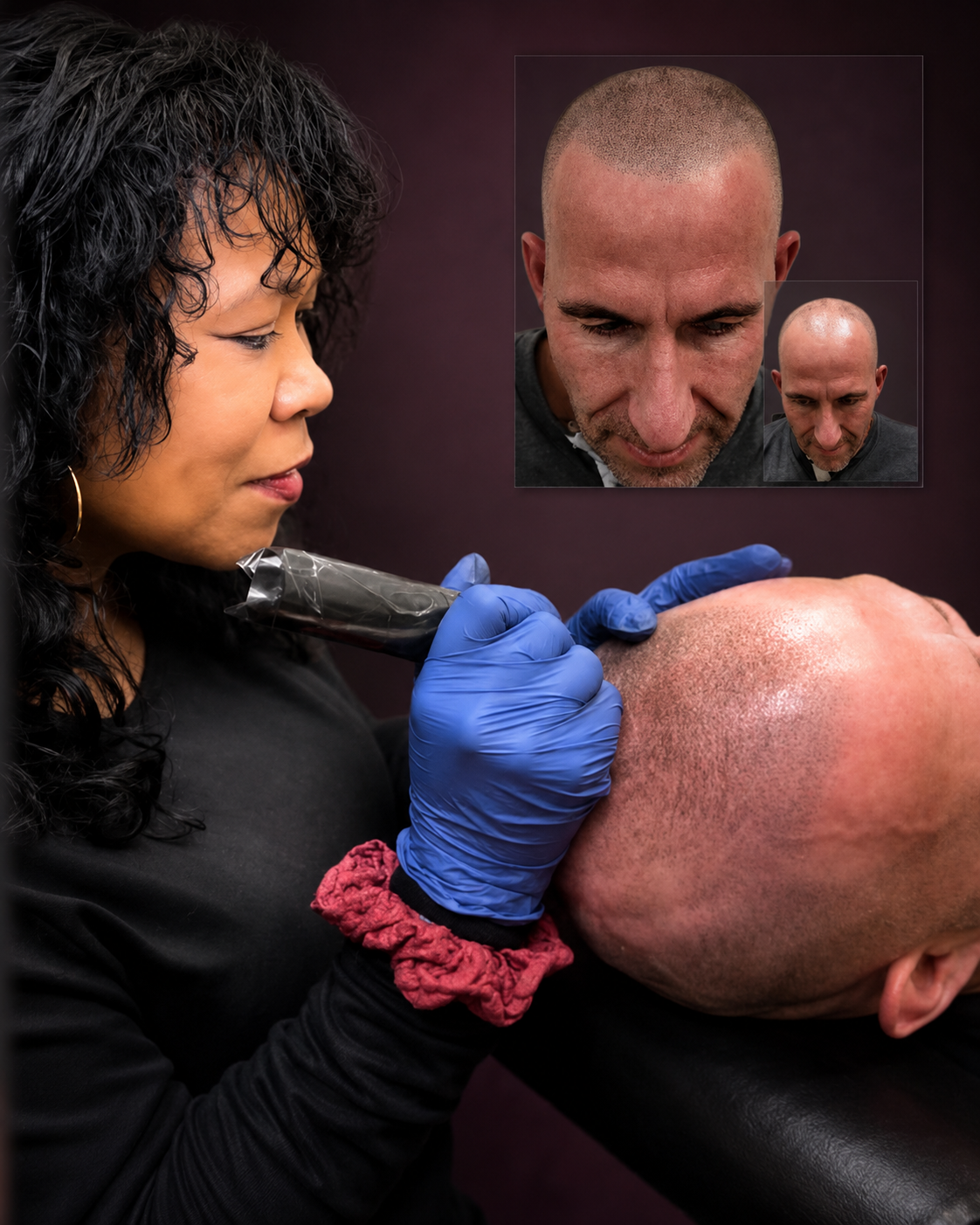 Scalp micropigmentation blending across the scalp