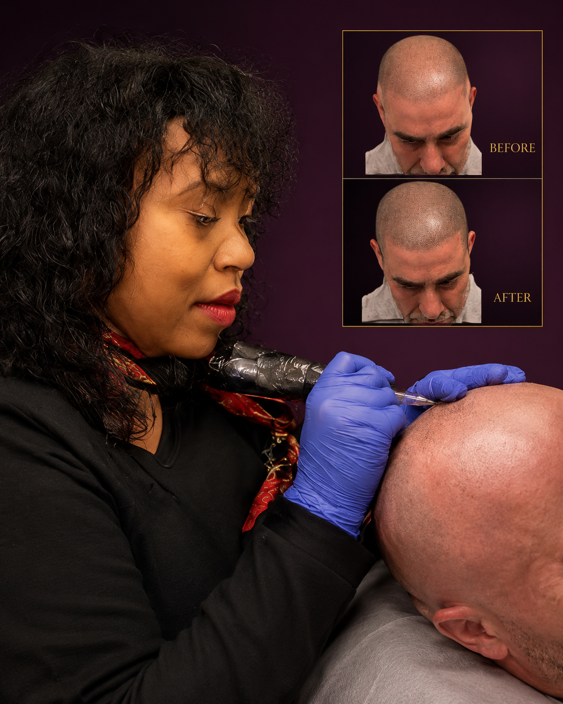 Miya performing a scalp micropigmentation treatment, with a before-and-after result inset